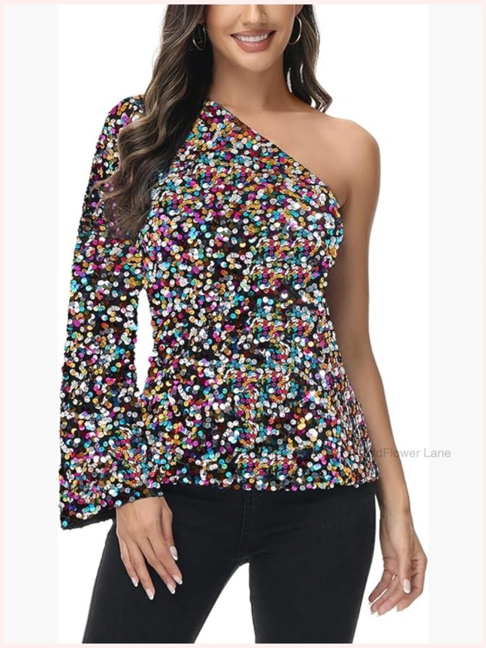Sparkly Sequin Long Sleeve One Shoulder Party Top Blouse